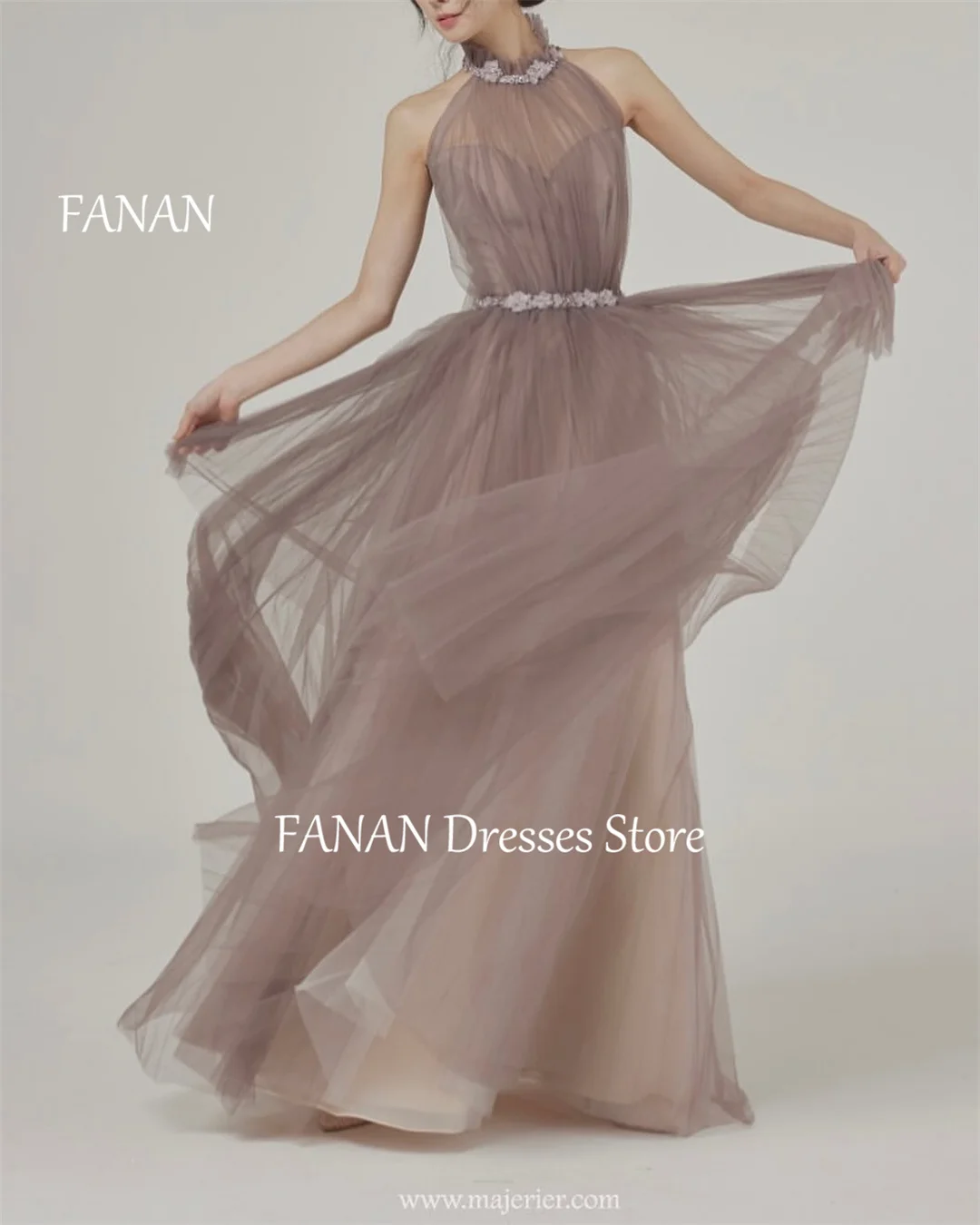 FANAN High Neck A-Line Evening Party Dresses Fashion Layered Korea Tulle Simple Elegant Women Formal Gowns Event Prom Gowns