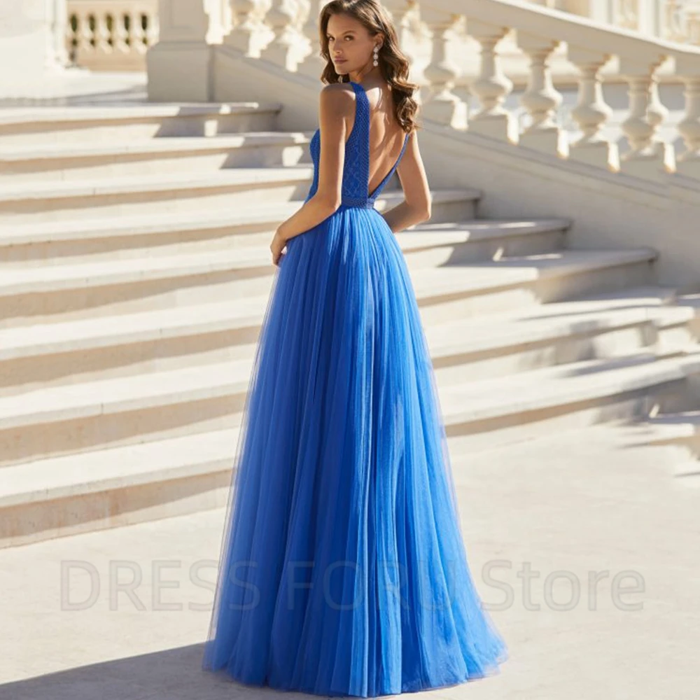 Blue Lace and Tulle Prom Dress Classic V-Neck Sleeveless A-Line Floor Length Women Backless Custom Made Colourful Gowns Robe