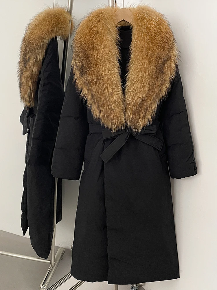 MENINA Echter Fuchspelzkragen, flauschige Pufferjacke, weiblich, 2025, lange Winter-Daunenkleidung, Damen, verdickt, warm, weiße Ente, Daunenmantel