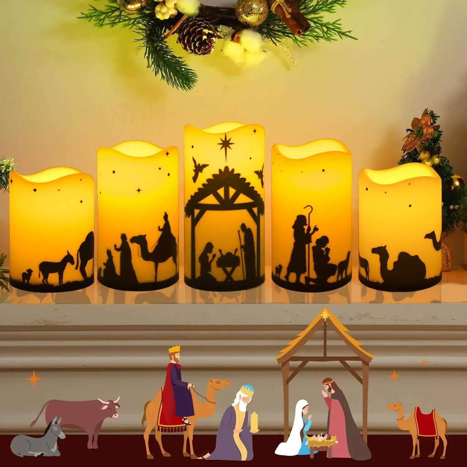 Christmas Nativity Scene Flameless Candles Sets of 5 - Holy Religion Artificial Fake Candles Realistic Simulated Candles Indoor