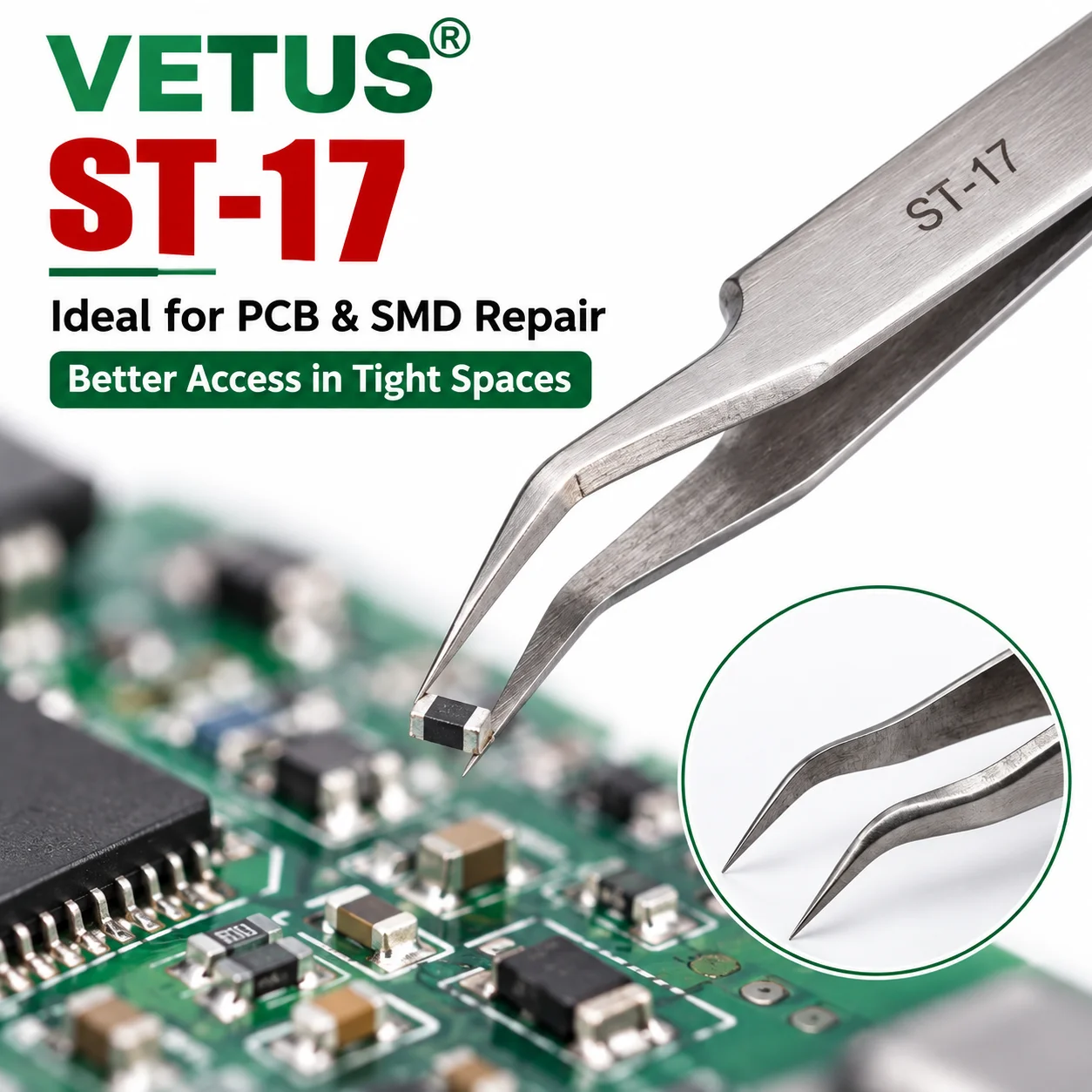 VETUS ST-17 Präzisionspinzette aus Edelstahl mit gebogener Spitze für die Reparatur von Leiterplatten, SMD-Bauteilen und Elektronik – Detail 3