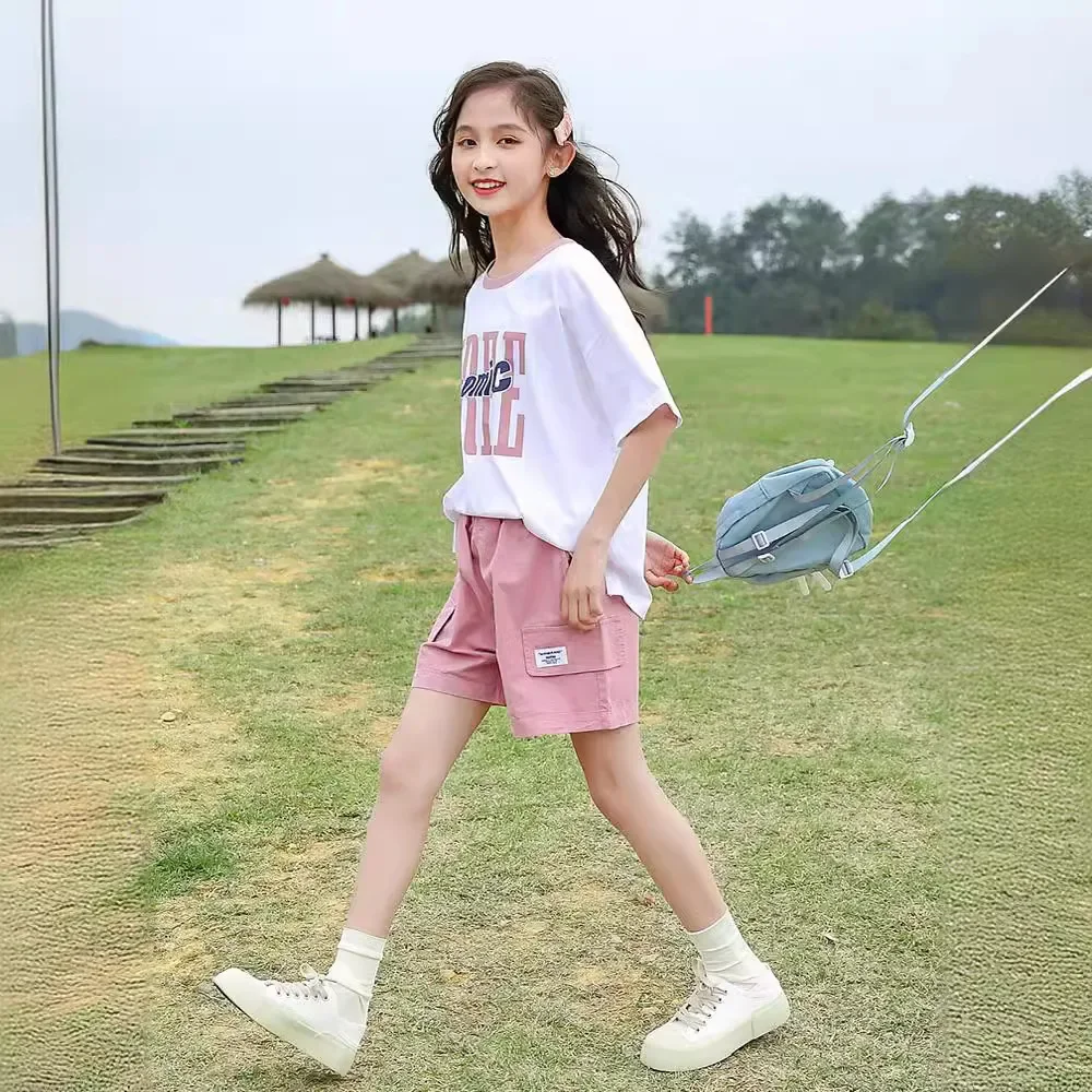 Korean Summer Girl Children's Top And Bottom Set School Girl Alphabet Short Sleeve T-shirt+Solid Shorts Junior Girl 2-Piece Sets