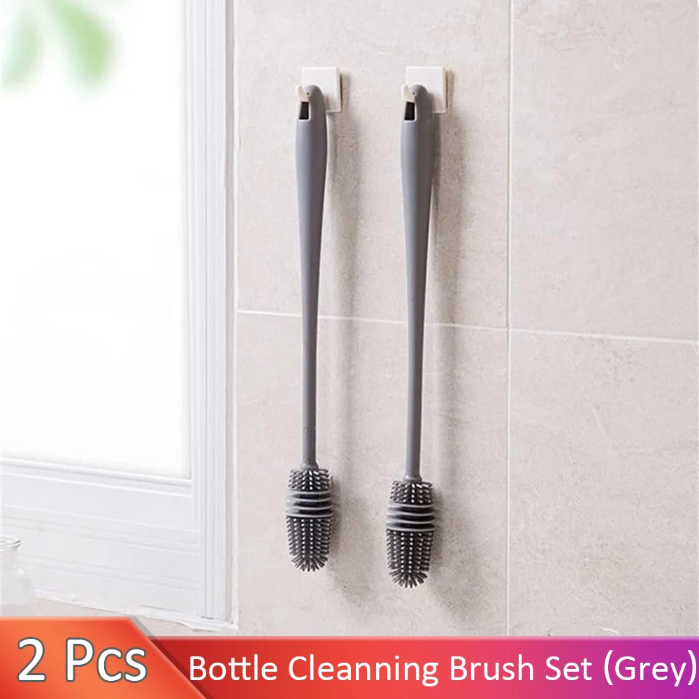 2 Pcs  Grey Silicone Bottle Cleaning Brush Set with Extra Long Handle for Cleaning Flasks Tumbler Glassware Bottles