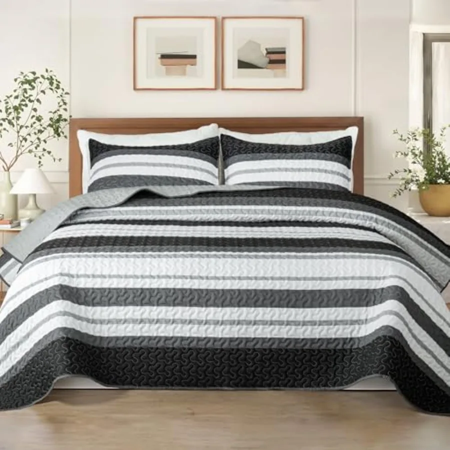 

Комплект покрывал King Size - Двустороннее черное покрывало King Size с 2 наволочками, легкое, в стиле бохо, с полосатым узором, увеличенного размера.