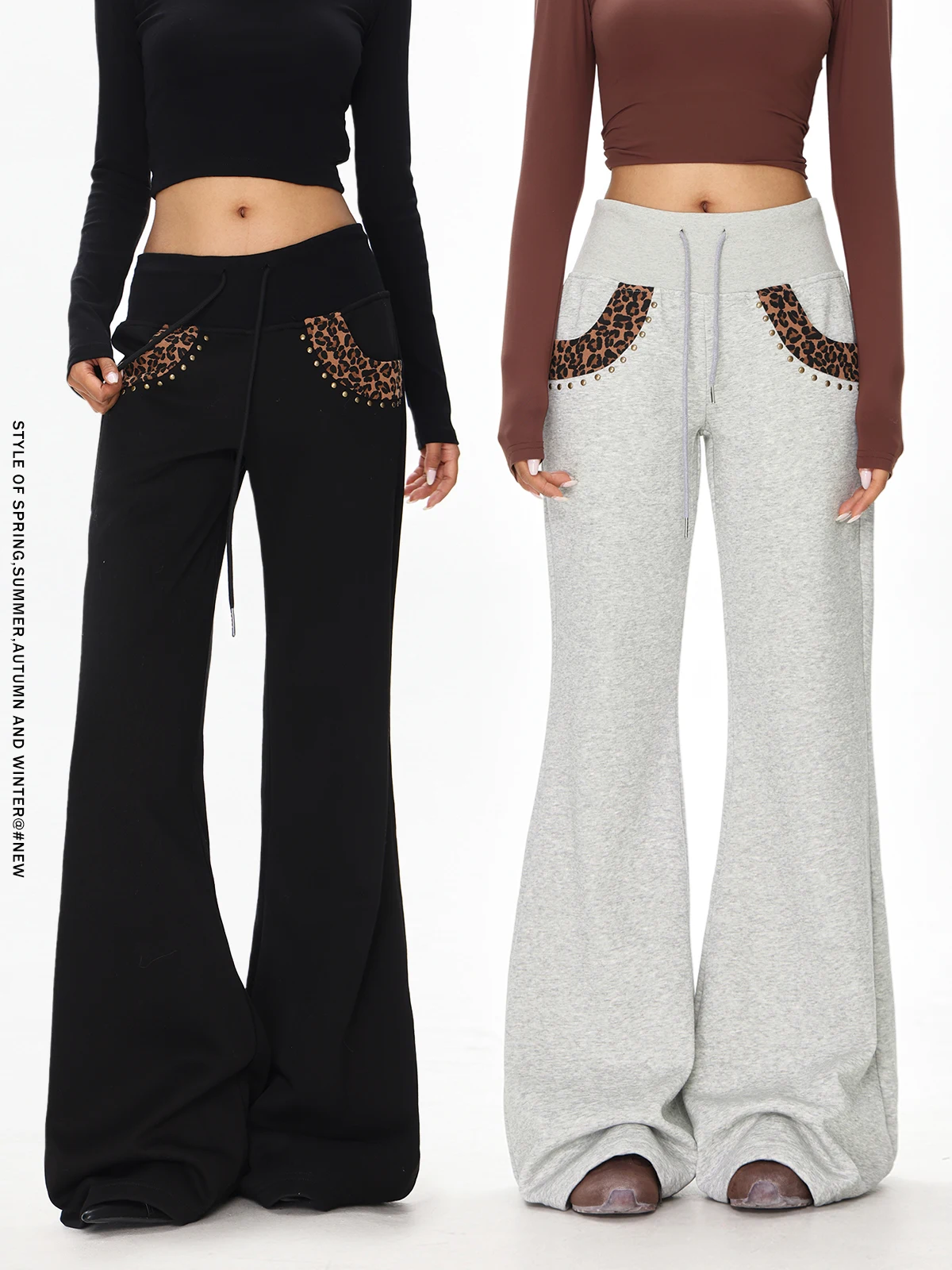 

Женские зимние спортивные брюки-клеш с леопардовым принтом и пэчворком, облегающие, повседневные, с завязками, Ele Sle