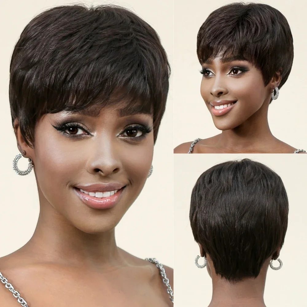 

100% Human Hair Pixe Cut Bob Wigs with Bangs Natural Black Remy Human Hair Machine Made Hair for Afro Women Brazilian Daily Use