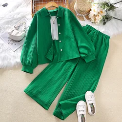 Girls Sets 8-12 Years Green Long-Sleeved Top + Green Pants For Girls Korean Style Suits Summer Casual Clothes Sets