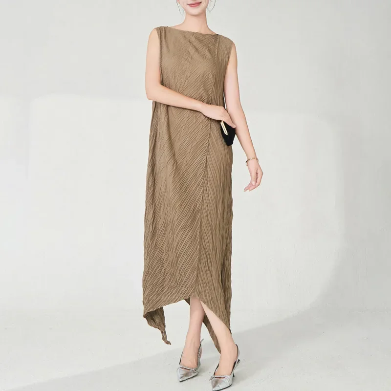 ALSEY 三宅不規則なプリーツ固体女性のドレス 2025 夏波ラウンドネックノースリーブルーズウエストファッション A ラインドレス