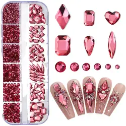 12 Grids Sparkle Translucent Colorful Mix Shapes Flatback Glass Diamonds Nail Art Rhinestones Jewel Decorations Manicure Charms