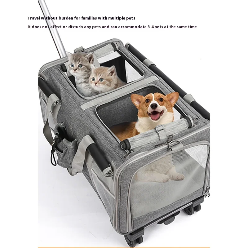 Double-layer Pet Stroller Cat Carrier Large Capacity Two Breathable Foldable Two-compartment Isolation Pet Trolley Box