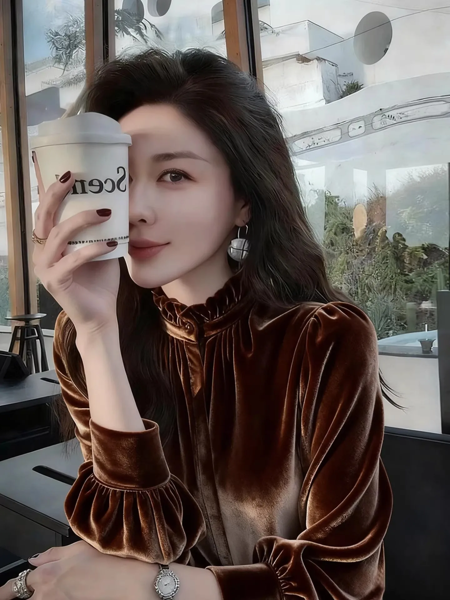 

Ele Velvet irt Women's High-End Feel Winter Inner Wear Outerwear Faionable Base Layer Top French Sle Loose Fit Long...