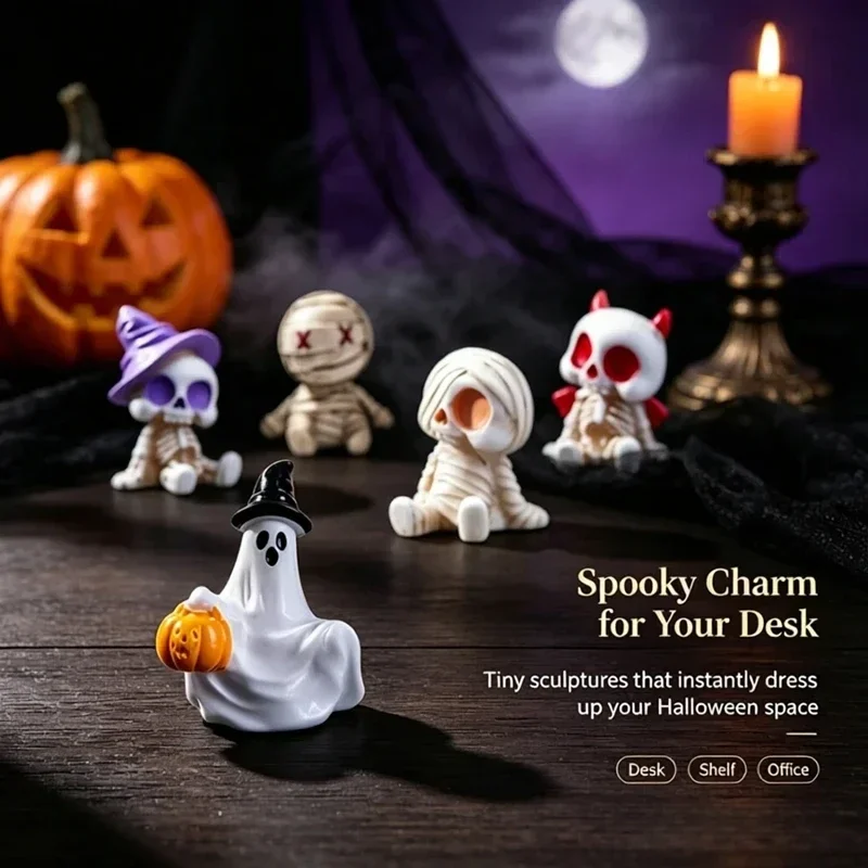 9pcs Halloween Resin Skeleton Mummy Figurines Mini Statues for DIY Micro Landscape Bonsai Car Desk Decor
