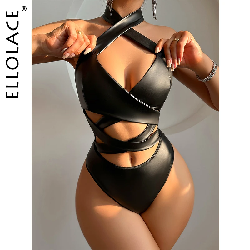 Ellolace Halter Neck Patent Leather Body Youthful Woman Clothes Bandage Lockable Body Suit Sissy One Piece Black Top Women