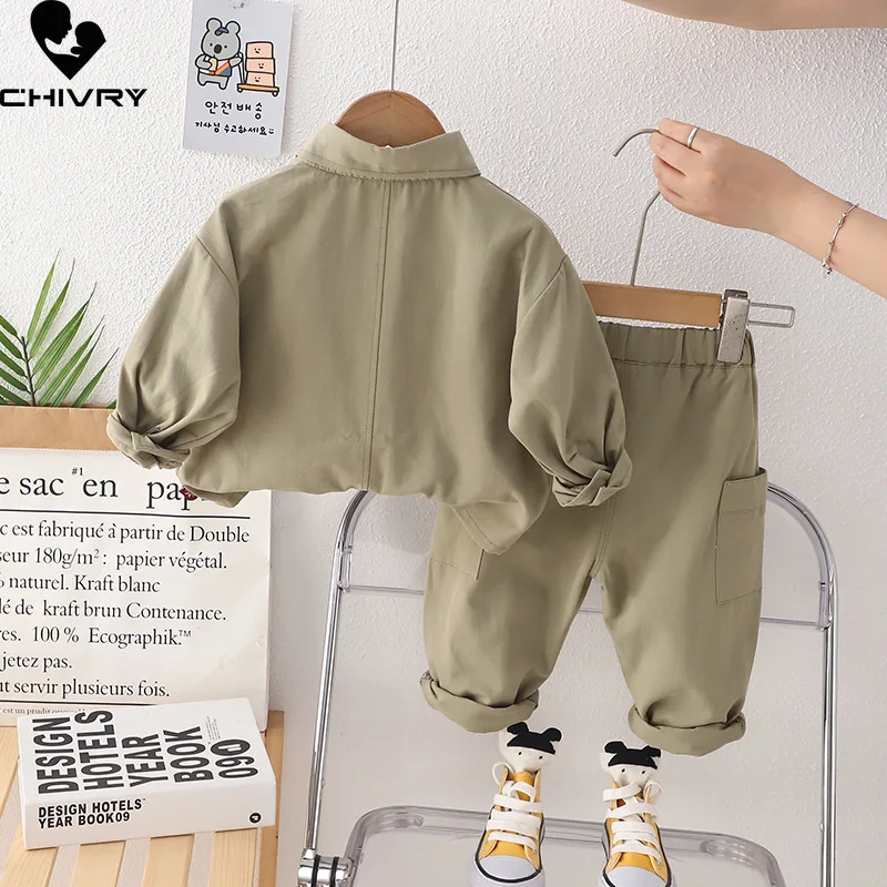 New 2023 Kids Baby Spring Autumn Fashion Solid Lapel Long Sleeve Pocket Jacket Tops with Pants Boys Casual Clothing Sets