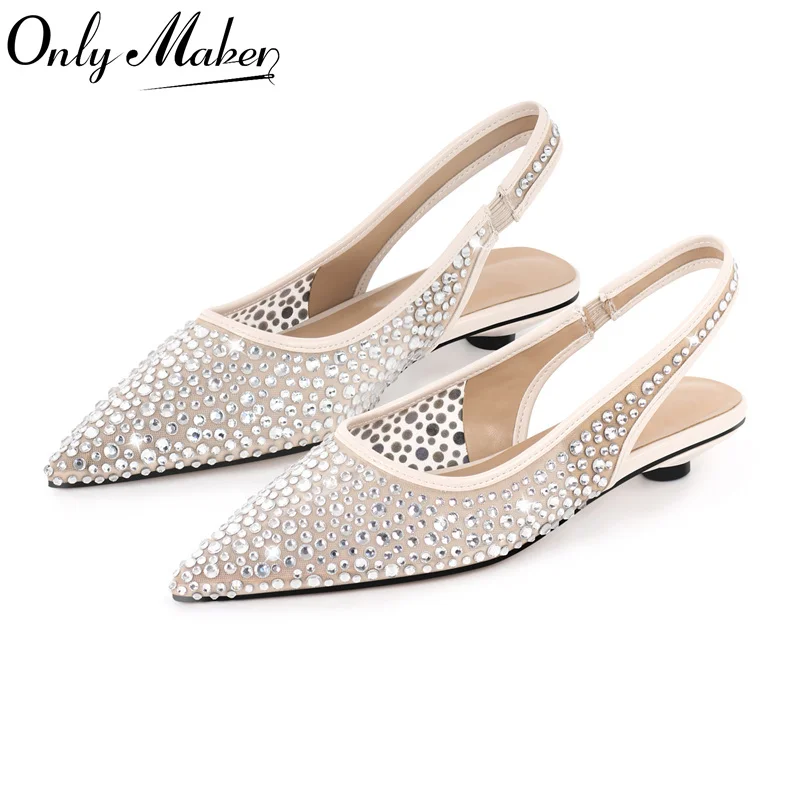 Onlymaker  Women Rhinestone Pointed Toe Bling Slingback Sandals Big Size  Ankle Strap Party Dress Shoes