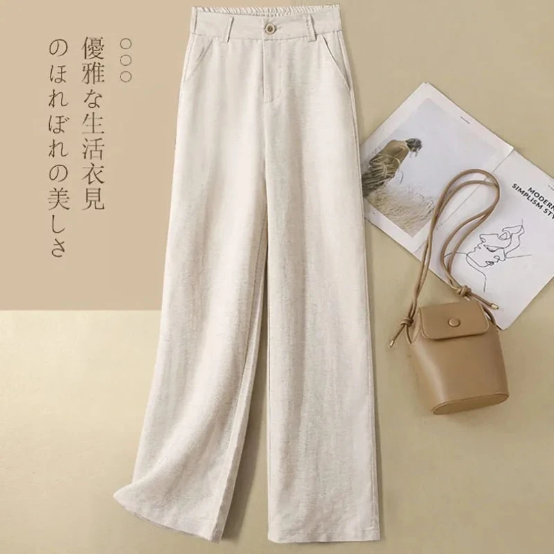 

Summer Baggy Cotton Linen Pants Women Elegant High Waist White Wide Leg Pants Woman Casual Loose Straight Streetwear Bottom New