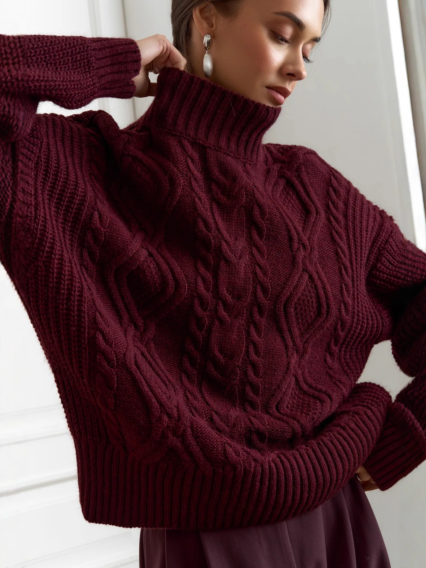 

Retro Winter Wine Red Hot Fleecing Female Turtleneck Elastic Casual Sweater Women Knitted Tops Pullovers Soft Warm Office Outfit