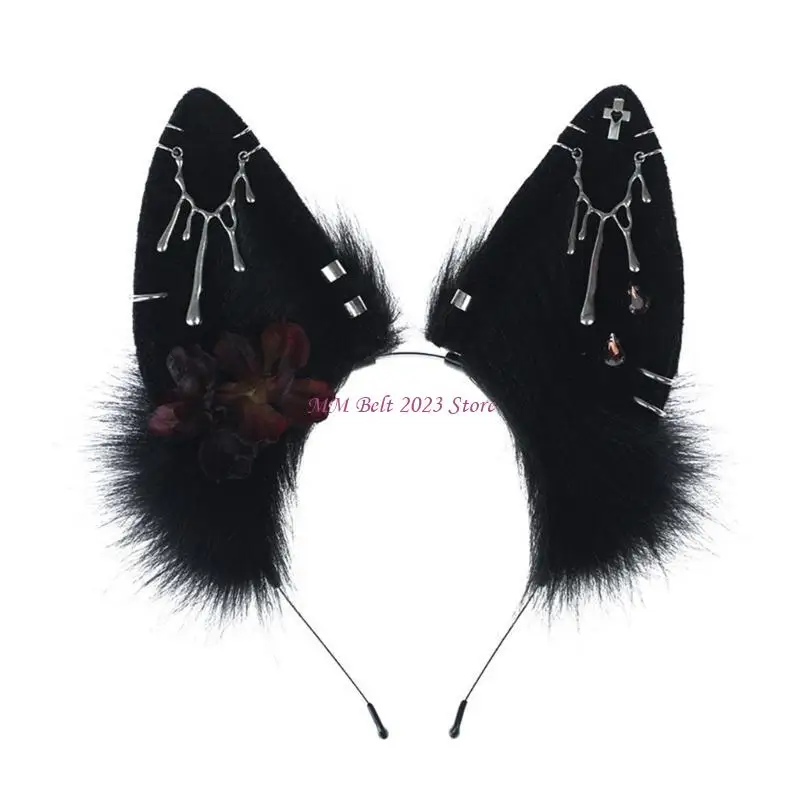 49ME Detailed Plush Wolf Ears Headband Cosplay Ear Accessory Headwear for Halloween Celebrations and Themed Party Wear