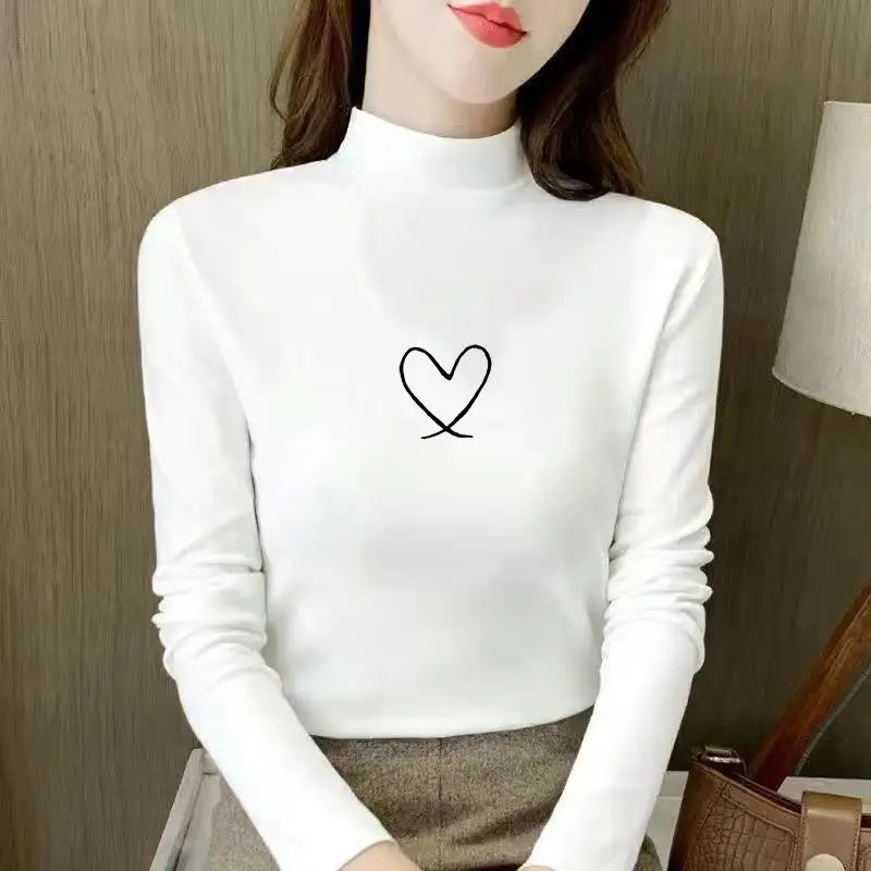 Slim Fit Long Sleeve Printed Base Shirt Half High Collar Korean Style Women's Top Trendy Casual Wear Winter Collection