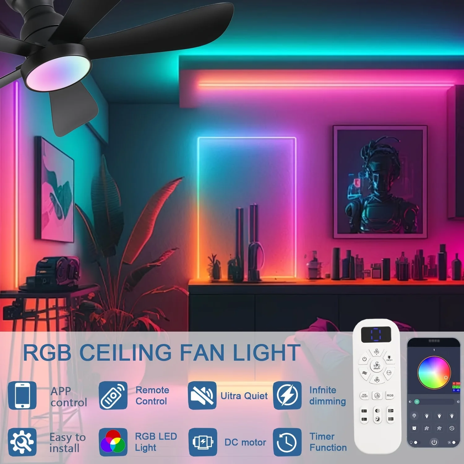 42-inch Modern Flush-Mount Ceiling Fan with RGB Dimmable Light & Quiet Operation — Remote + App Control, Indoor/Outdoor Use, Com view 5