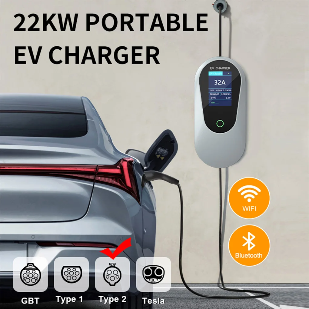 

Type-2 Portable EV Charger 22KW 32A Type2 Electric Car Charger 3Phase Fast Charging Cable Bluetooth WiFi Control