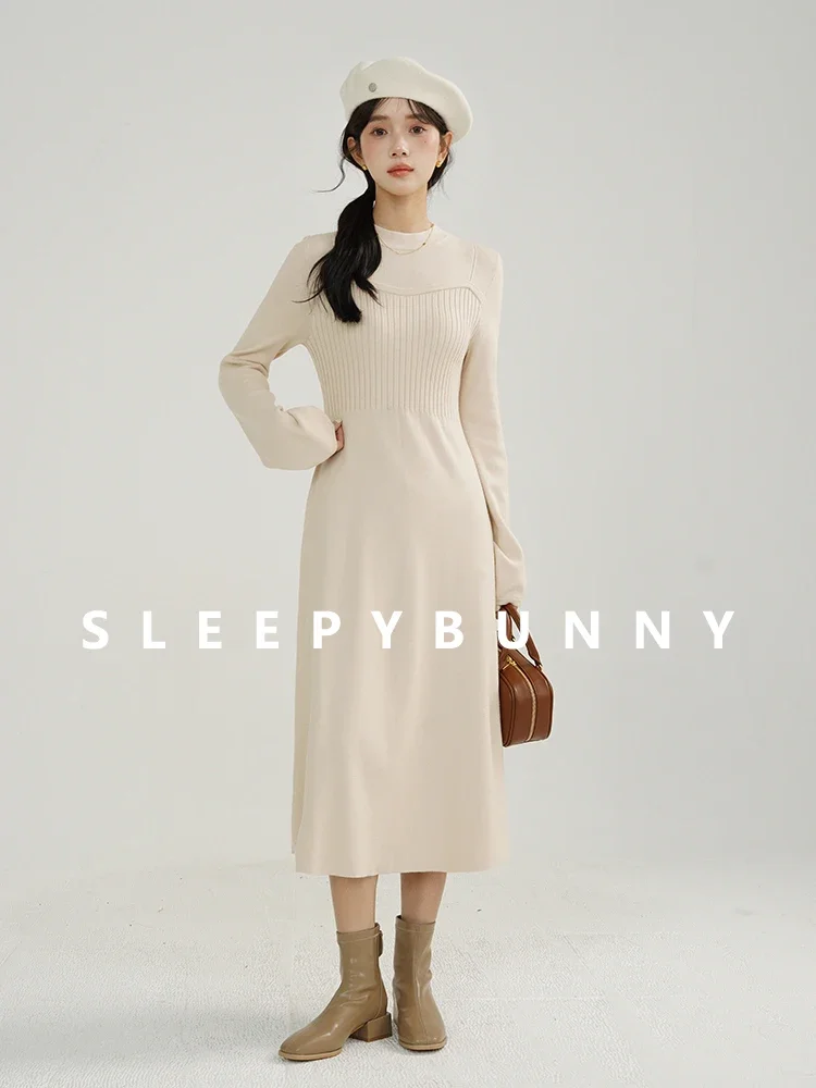 Vestido feminino de malha meio gola alta, inverno, slim fit, midi, suéter, camada base elegante para molduras pequenas, quente e elegante