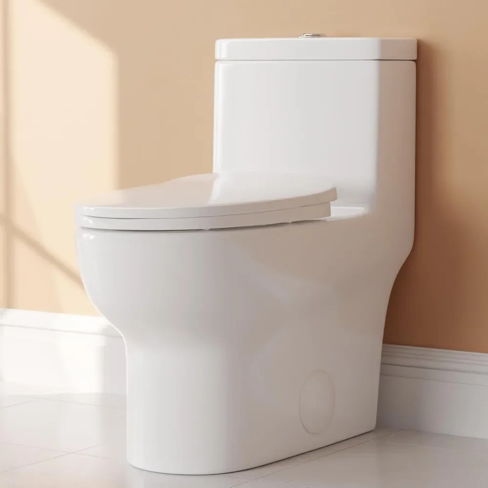 Elongated One Piece Toilet, Dual Flush 0.8/1.28 GPF Toilet with Comfortable Seat Height, Powerful & Quiet Modern Standard Toilet