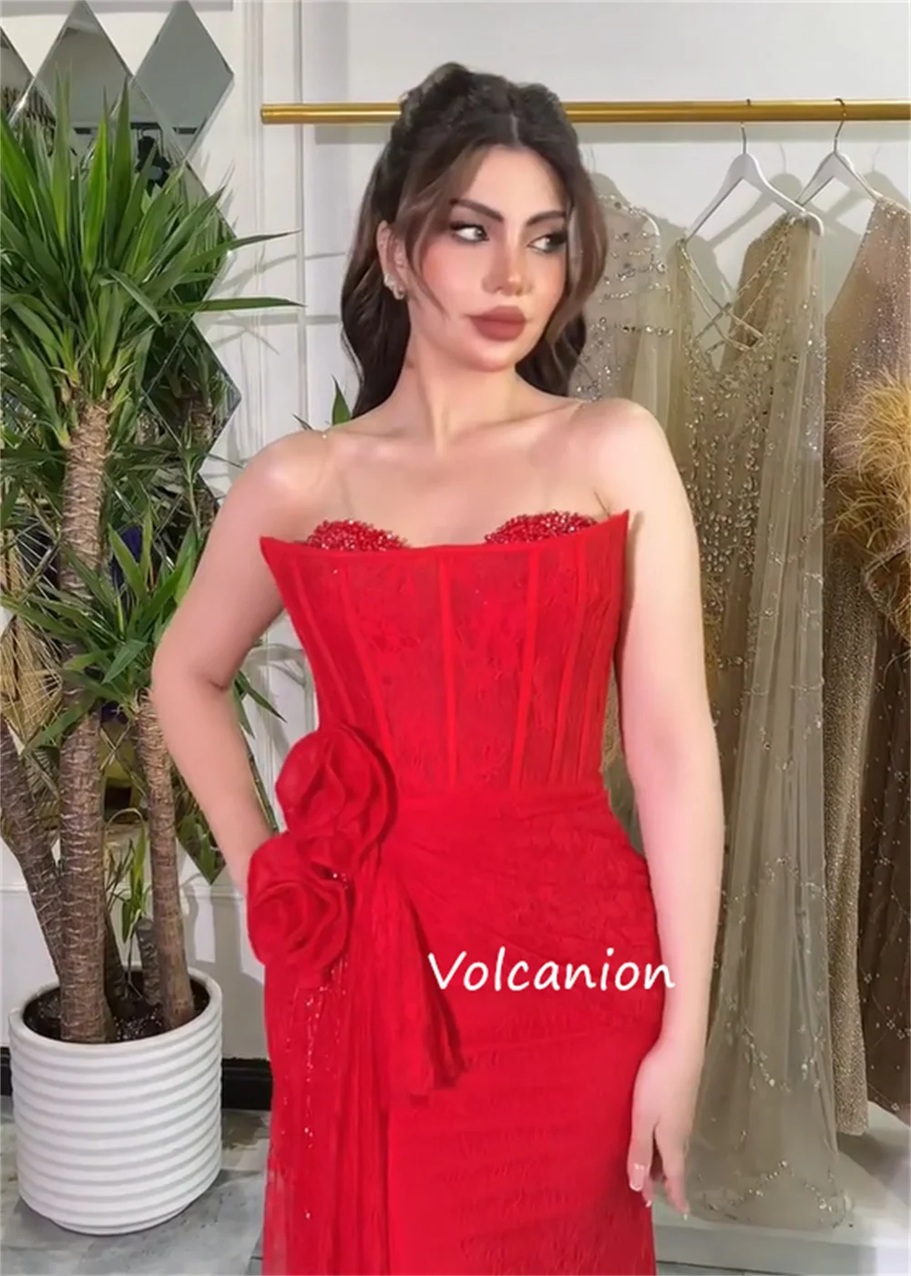 Personalizado de alta qualidade jérsei renda plissado flor trompete sem alças vestidos longos sob medida ocasião brilho