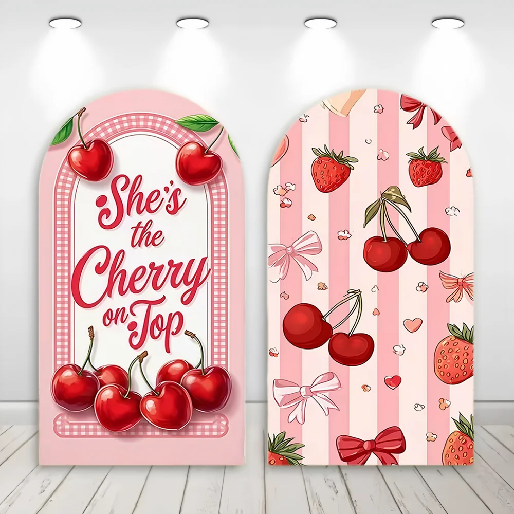 

Girls Cherry Theme First Birthday Party Arch Backdrop Cover Red Pink Bow Baby Shower Newborn Photography Backgrounds Doubleside