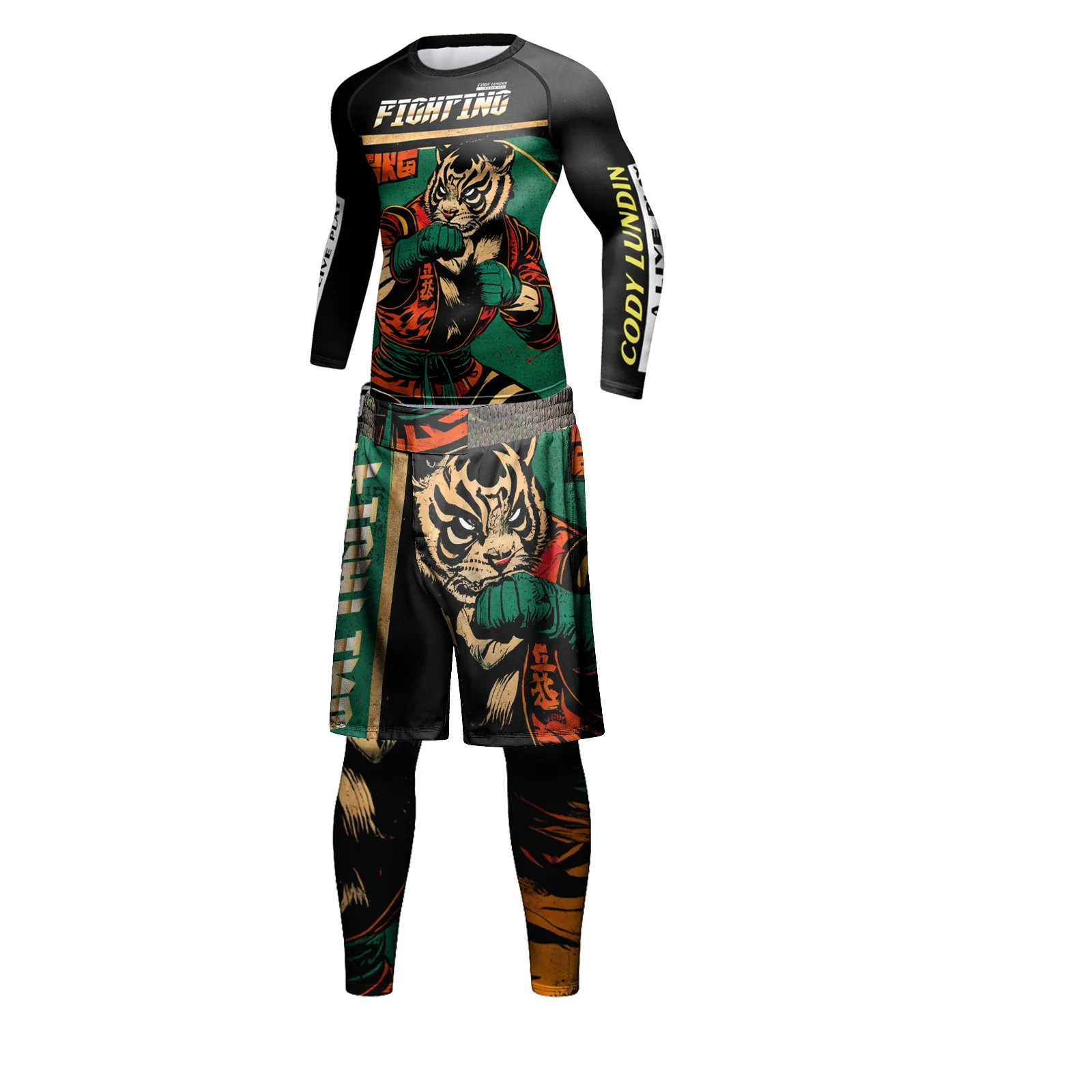Cody Lundin Sublimation Men jiu jitsu Rashguard Set Tiger Printed Cool Boxing Training Set Male MMA BJJ Compresion Tracksuit