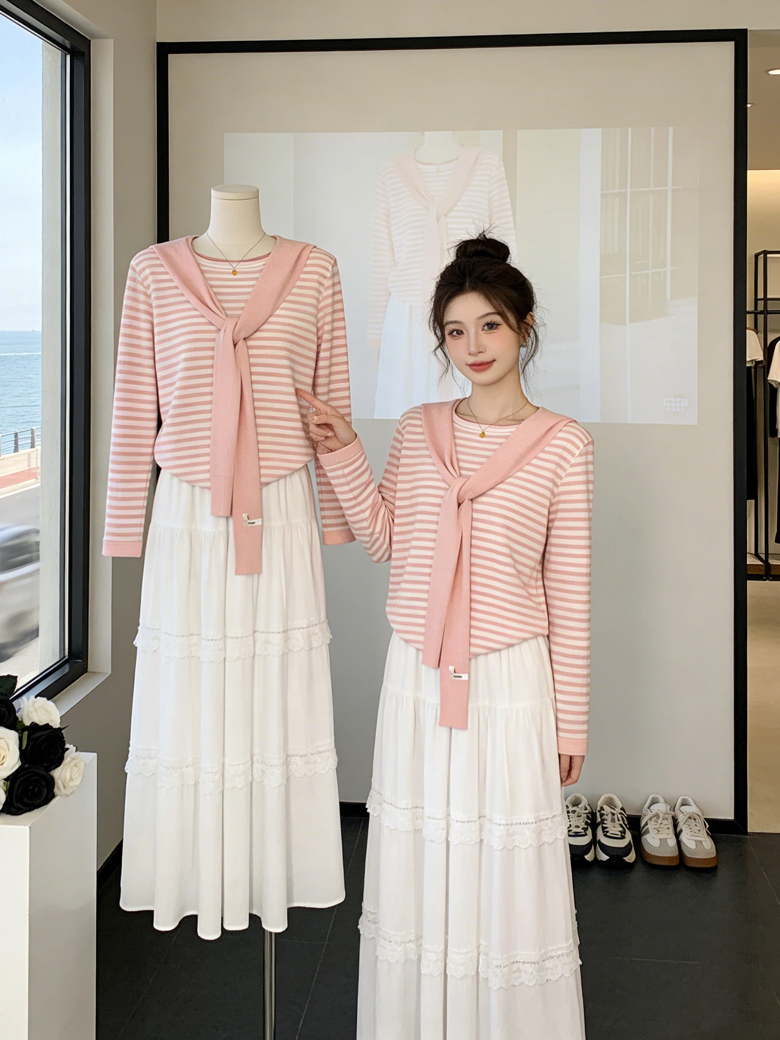

Korean Style Striped Shoulder Long Sleeve T-Shirt Women's Loose Short Knitted Top round Neck Pullover UV Protection