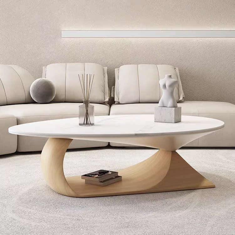 

Simple modern oval rock slab coffee table solid wood feet wind Italian minimalist small apartment living room special-