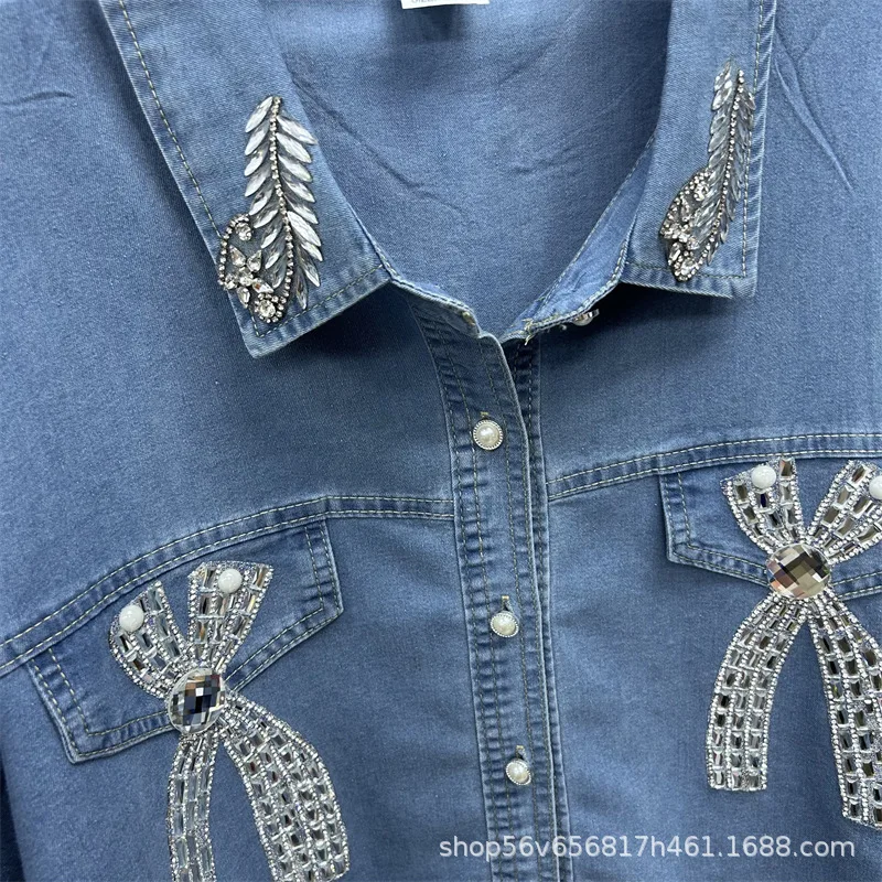Fashion Spring Summer Women Denim Sets Diamonds Bow Loose Short Sleeve Cardigans Shirt + High Waist Wide Leg Long Denim Trousers