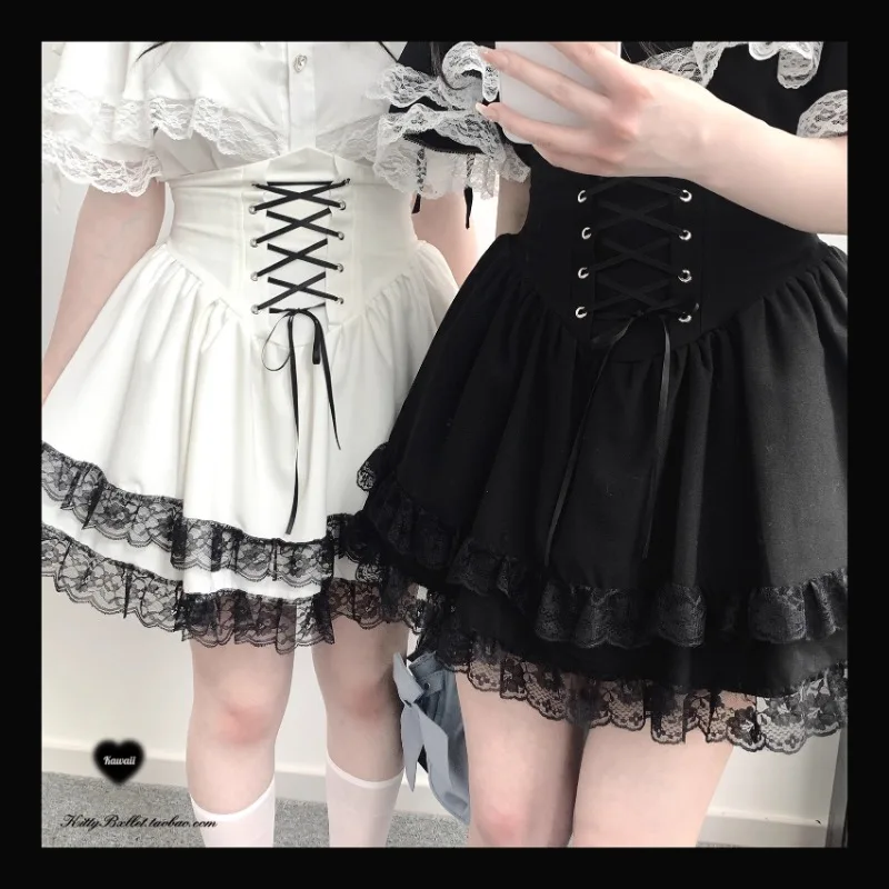 Neploe Harajuku Sweet Lace Ruffles Black Faldas Mujer 2024 Summer New Skirt for Women Y2k E-Girl High Waist A-line Skirts