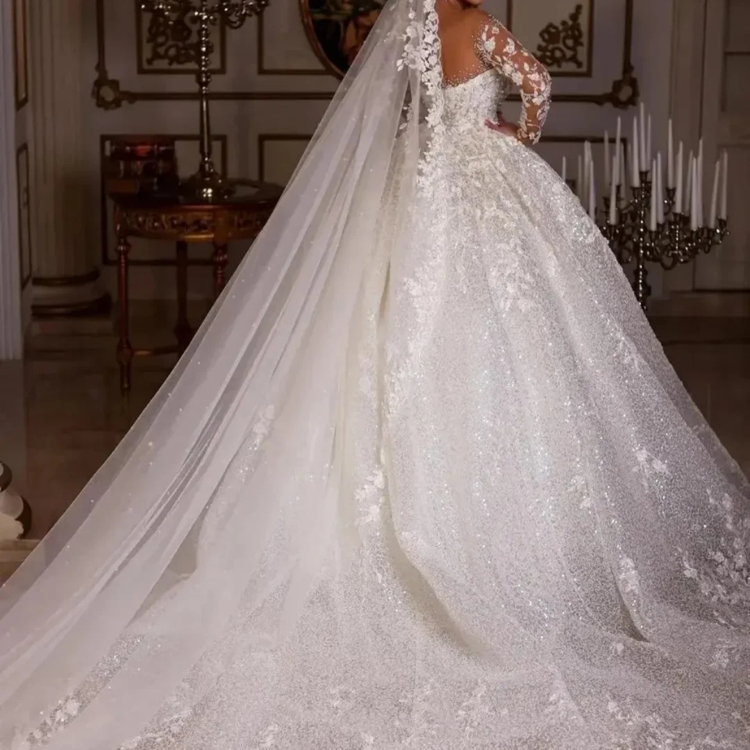 فستان زفاف عتيق مطرز بالخرز تول لامع وأكمام طويلة فستان جميل أنيق فساتين زفاف الأميرة الفاخرة حسب الطلب 2025