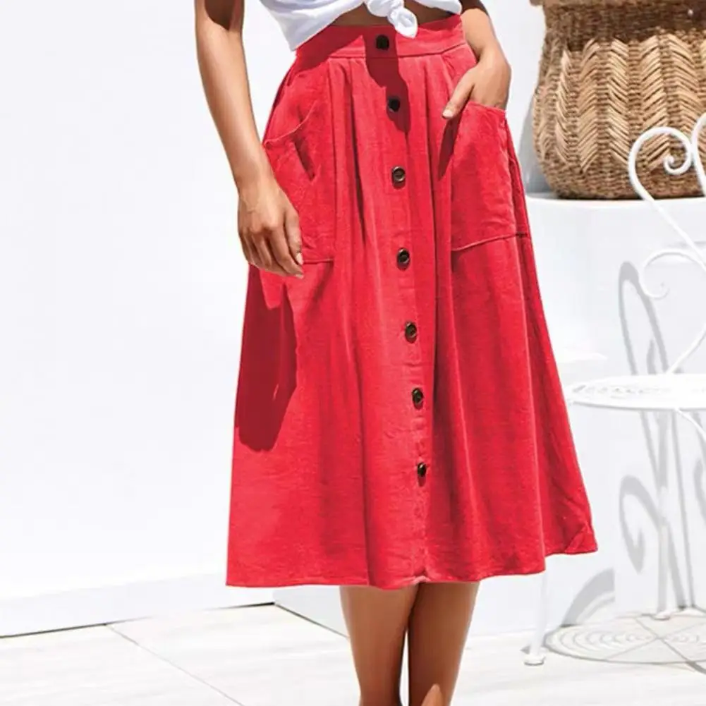 Spring Summer Women Midi Skirt Elastic High-Waisted Slimming Style Mid-calf Length Skirt Solid Color Buttons Decor A-Line Skirts