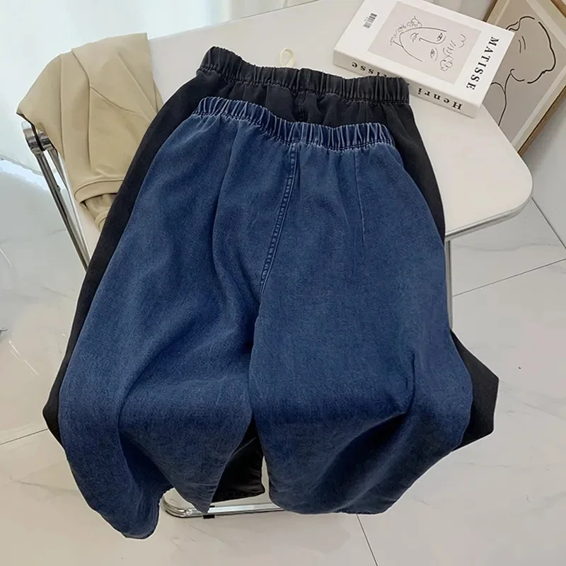 2025 Oversize Loose Jeans Women's Summer Denim Casual Trousers Wide-leg Straight Pants Elastic-waist Thin Jeans 100kg-can-wear