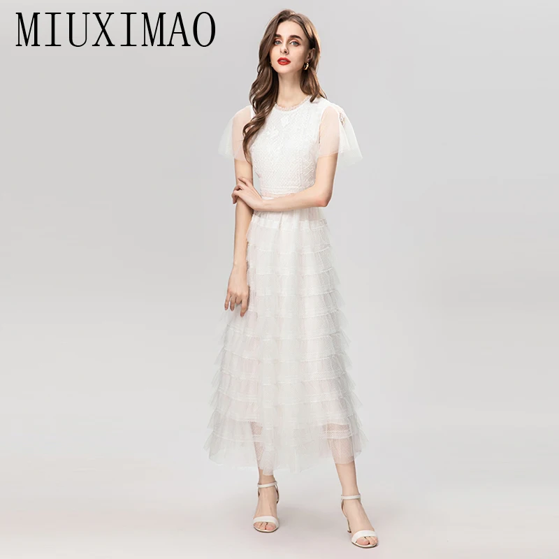 

MIUXIMAO 2023 Elegant and Pretty Women's Dresses Short Sleeve Fashion Retro Lace Long Cake Dress Women White Female Dress