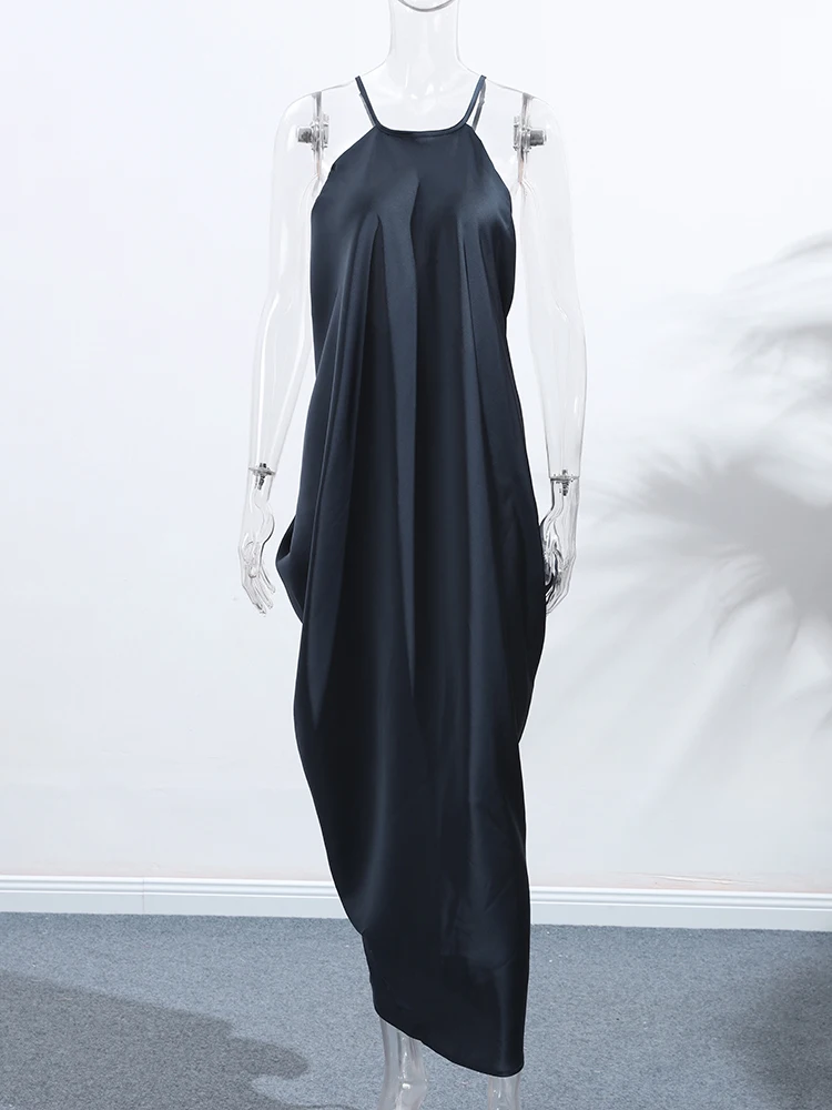 Elegante Satin-Neckholder-Partykleider für Damen, einfarbig, O-Ausschnitt, rückenfrei, ärmellos, lange Roben, 2025, Herbst, neues Damen-Club-loses Kleid