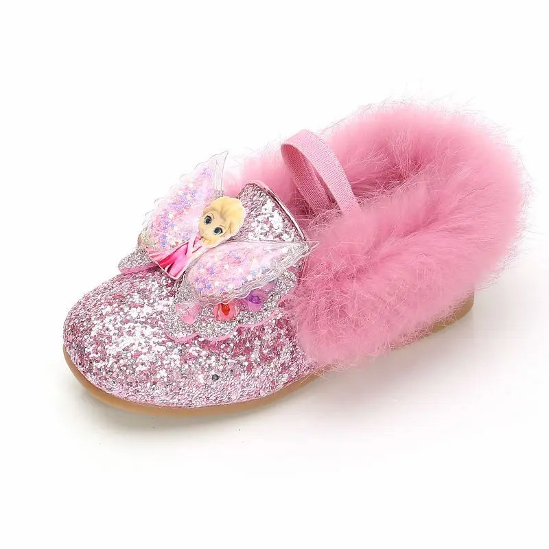 Disney Girls\' Shoes Plush Winter Casual Shoes Sequins Elsa Princess Shoes girls\' Cotton Shoes Soft Soles Flats Pink Blue Shoes