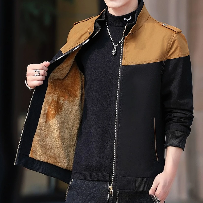 

Winter Jacket Men's Fleece Thickened Stand-up Collar Zipper Warm Coats Fashion Color Blocking Side Seam Pockets Jackets Men Tops