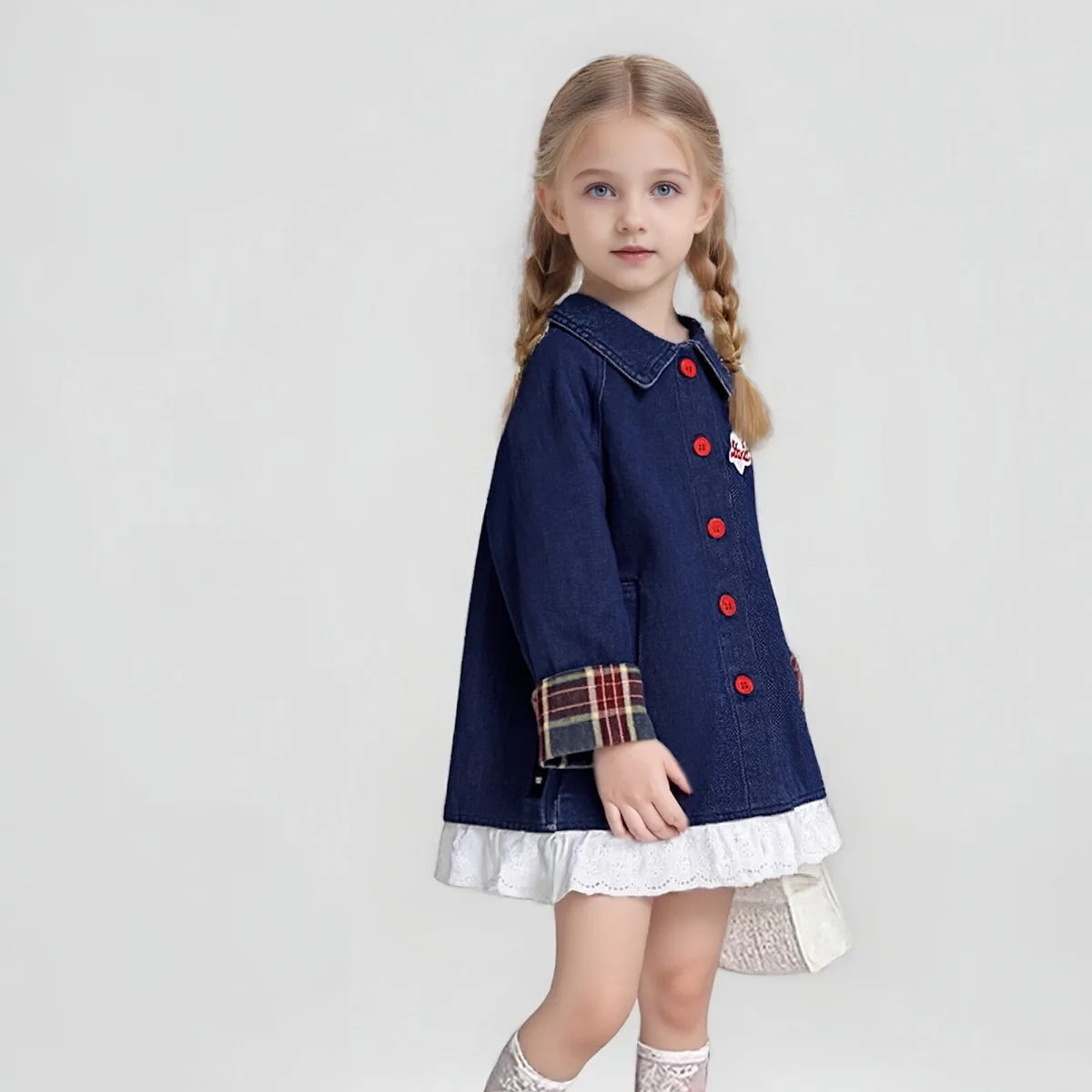 Korean Spring Autumn Kids Girls Denim Coat Letter Sticker Lace Spliced Mid-length Jackets For Children Girls 2-8Yrs Girls Coat