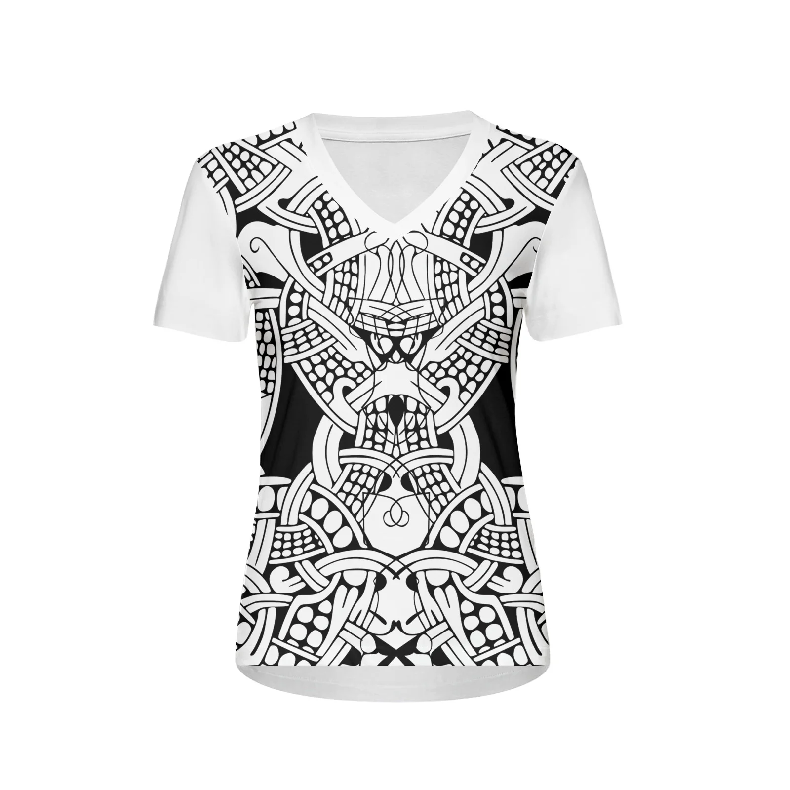 Fseonihk Summer Short Sleeved V-neck Women's T-shirt Mamen Black and White Viking Art American Trendy Top 티셔츠 Y2k Ropa De Mujer