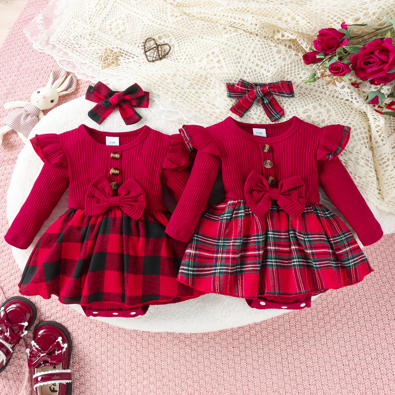 2PCS Autumn Girls Aged 0-1 Are Sweet And Cute, Red Pit Strip, Long-Sleeved Top, Multi-Color Plaid Skirt, Ha Clothes + Hair Bands