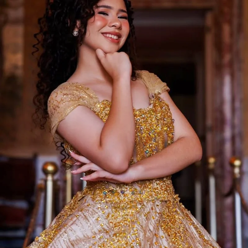 

Shiny Champagne Gold Quinceanera Dress off-shoulder Crystal Glitter Decal Long tail Vestidos De 15 Quinceanera ﻿Customize
