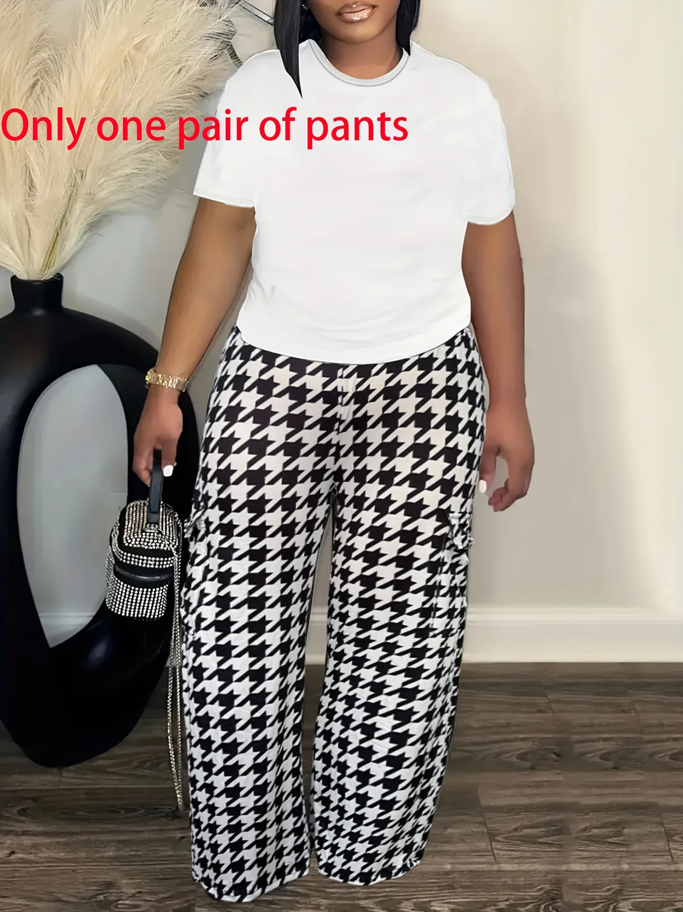 

Модный комбинезон из молочного шелка с узором «гусиные лапки» больших размеров — женский большие размеры — свободный крой, с клапанами и карманами, удобный, повседневный, повседневный.