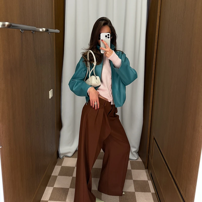 Übergroße Kunstlederjacken für Damen, Streetwear mit Stehkragen, Langarm, Gerüscht, Einfarbig, Locker Sitzende Mäntel, Schicke Damen-Oberbekleidung – Detail 13