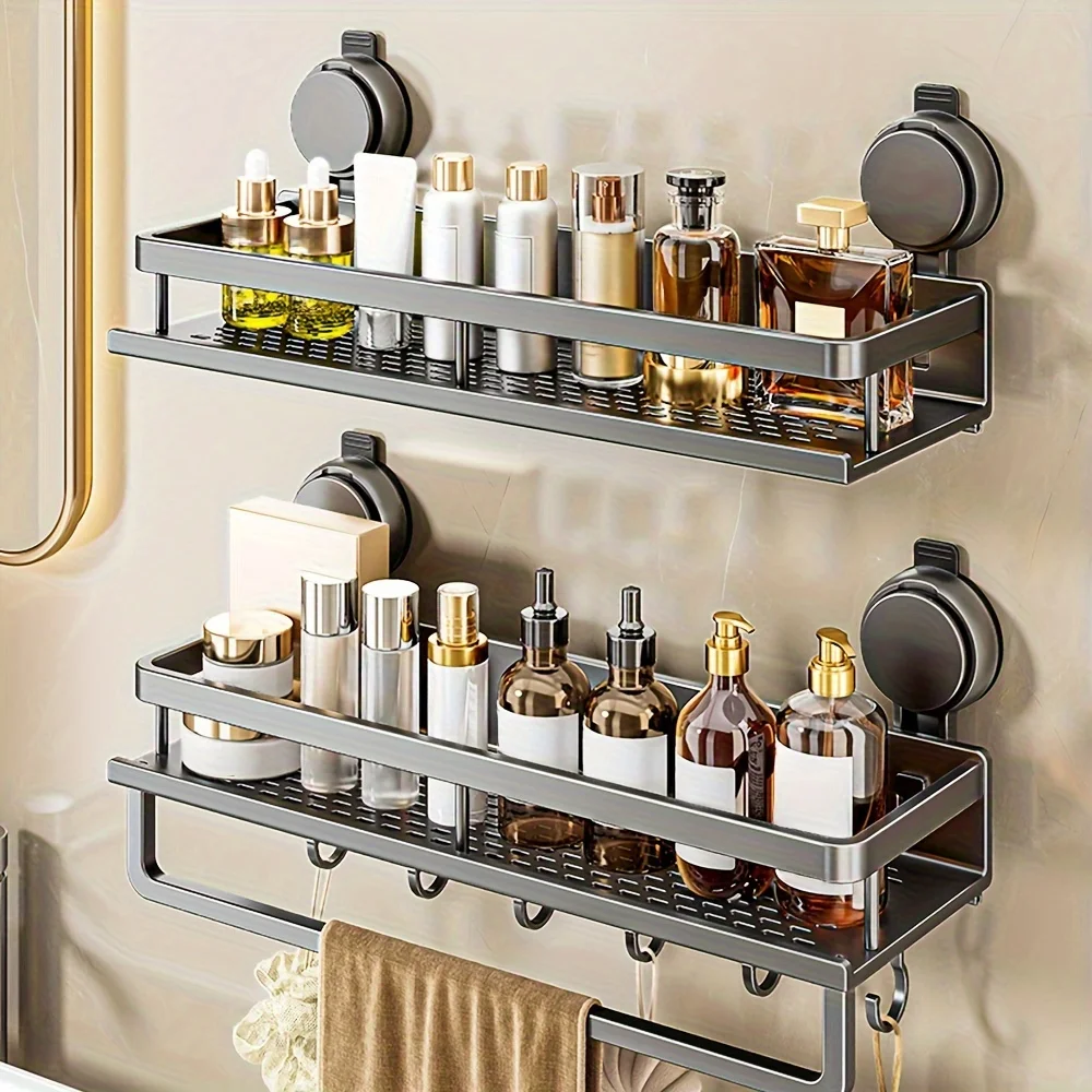 Bathroom Shelf Suction Cup Shampoo Holder Makeup Storage Organizer Aluminum Shower Shelf Bathroom Organizer No Drill Wall Shelf