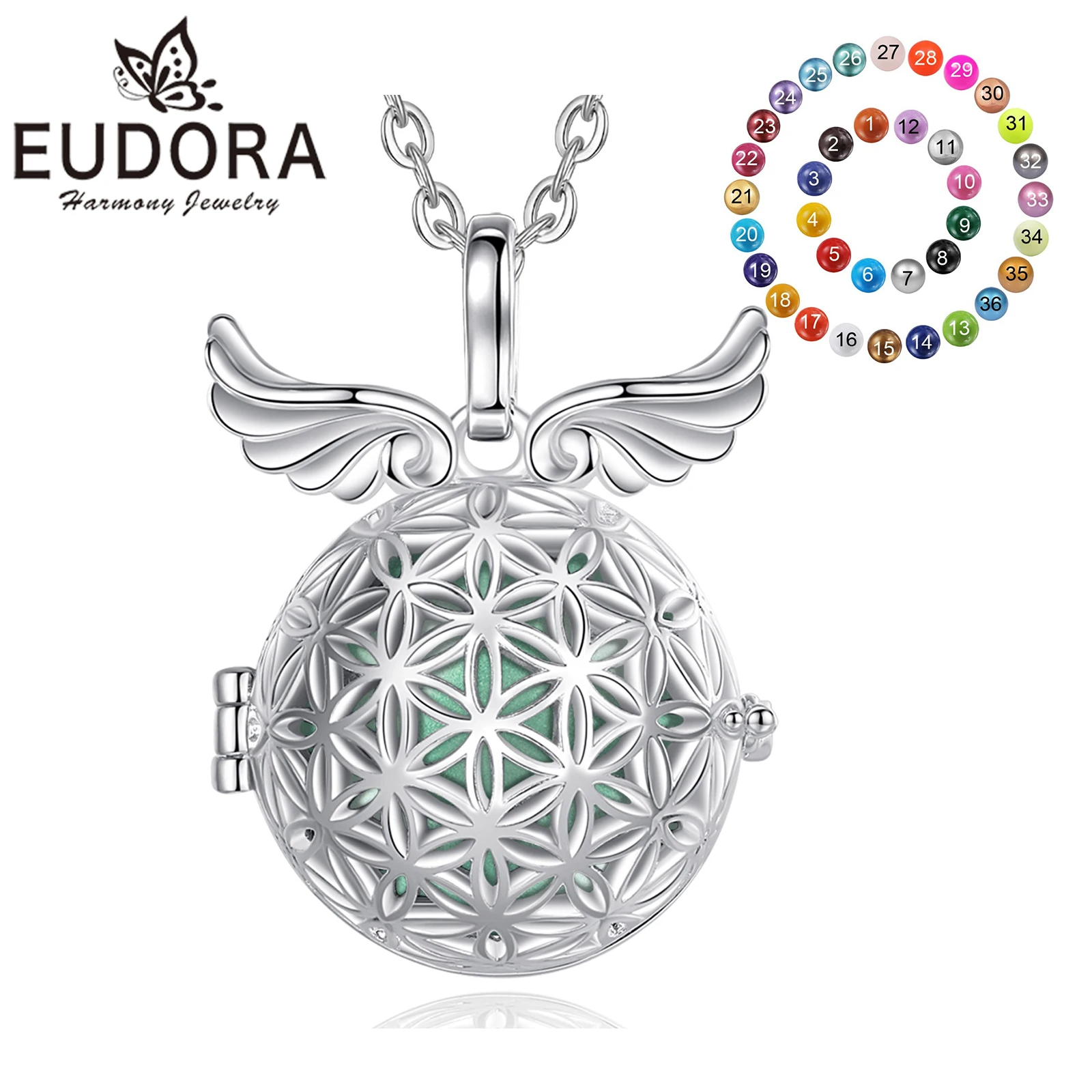 Eudora 20mm Harmony Ball Wing Tree of Flower Pendant Pregnancy Bola Angel Caller Baby Wishing Chime Ball Necklace Women Jewelry