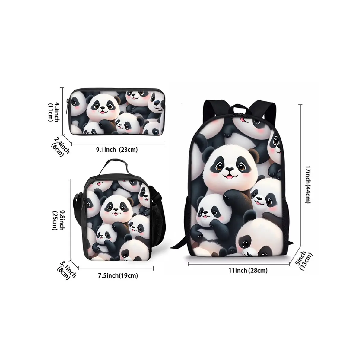 Panda Print Three Piece Backpacks Set for Boy and Girls Best Gifts 2D Flat Cartoon School Bag for Children